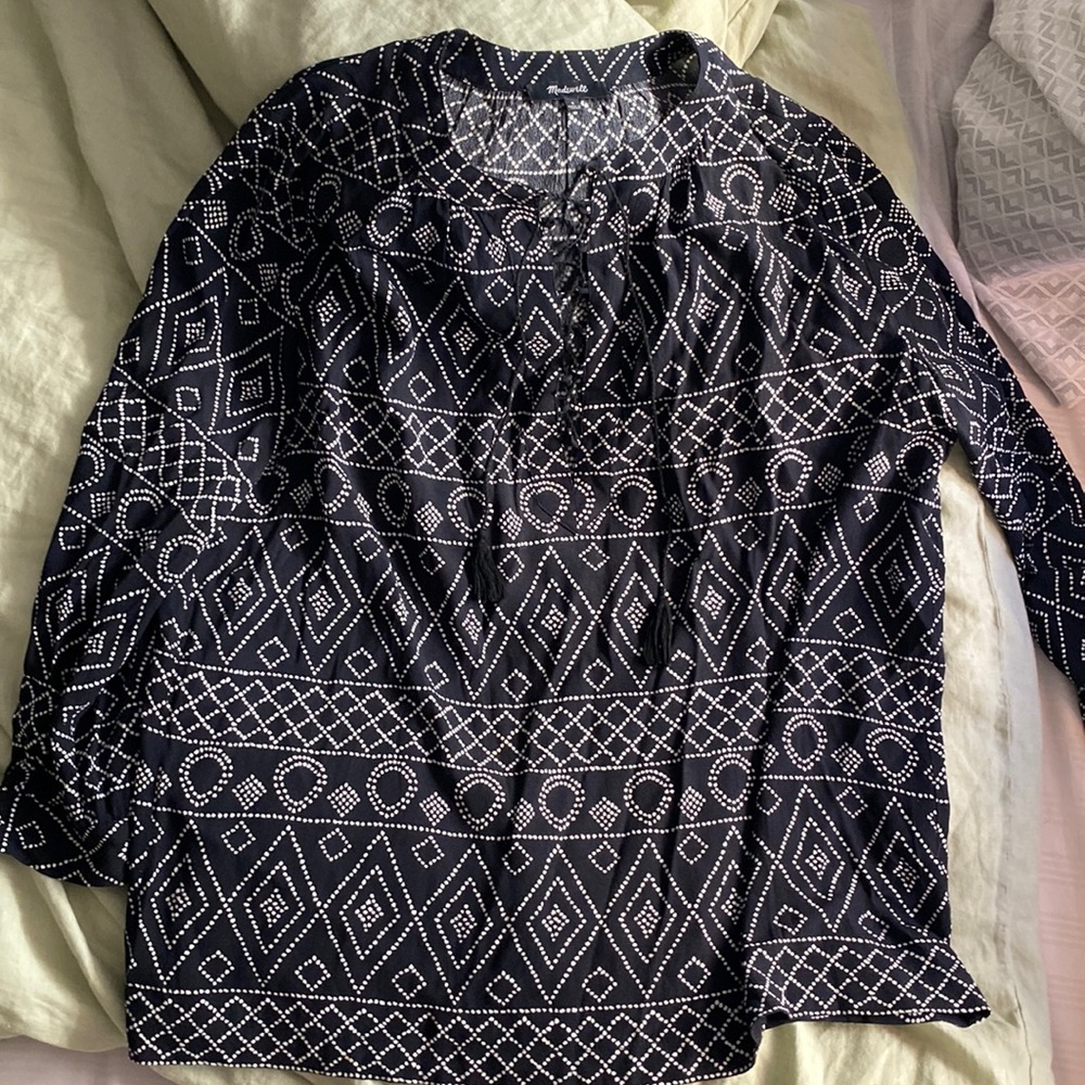Madewell Black Ikat Printed Lace-up Front Tunic Blouse size small